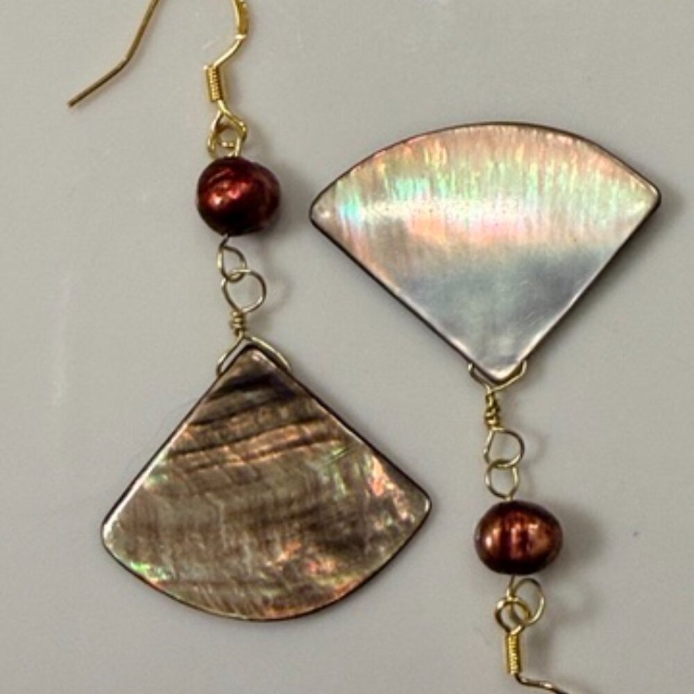 Two-Tone Black Mother of Pearl Shell Earrings with Freshwater Pearl, Iridescent